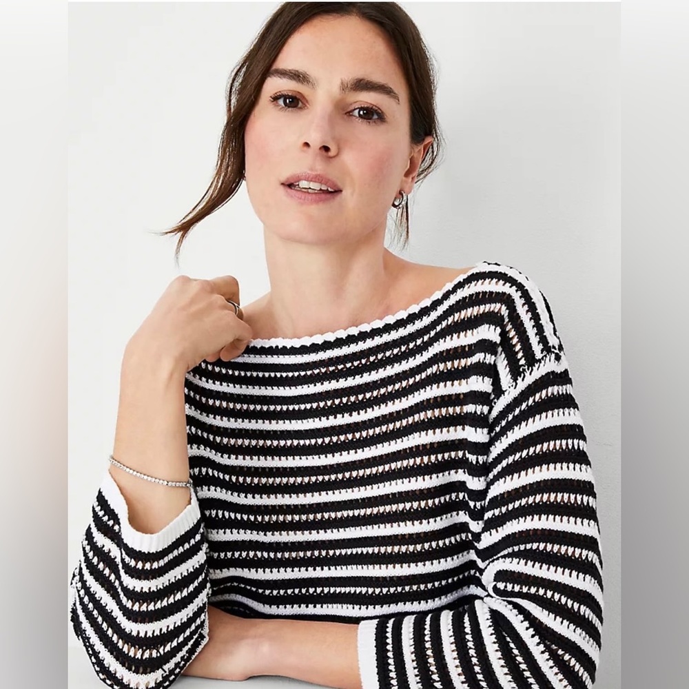 Ann Taylor Crochet Stitch Boatneck Sweater, Black & White, Women’s Large, NWT